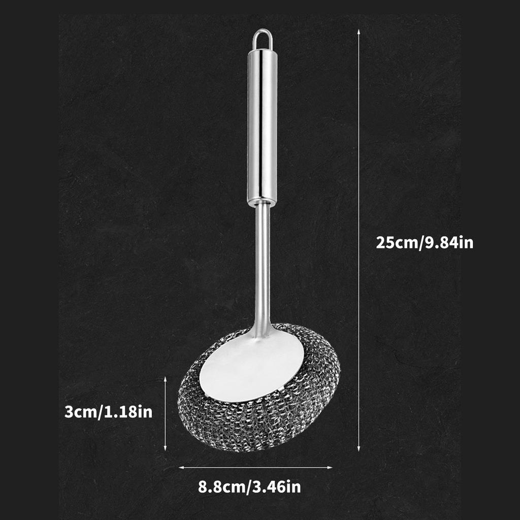 Ergonomic Stainless Steel Wool Scrubber with Long Handle and Replaceable Heads for Deep Cleaning Dishes Pots Pans Grills