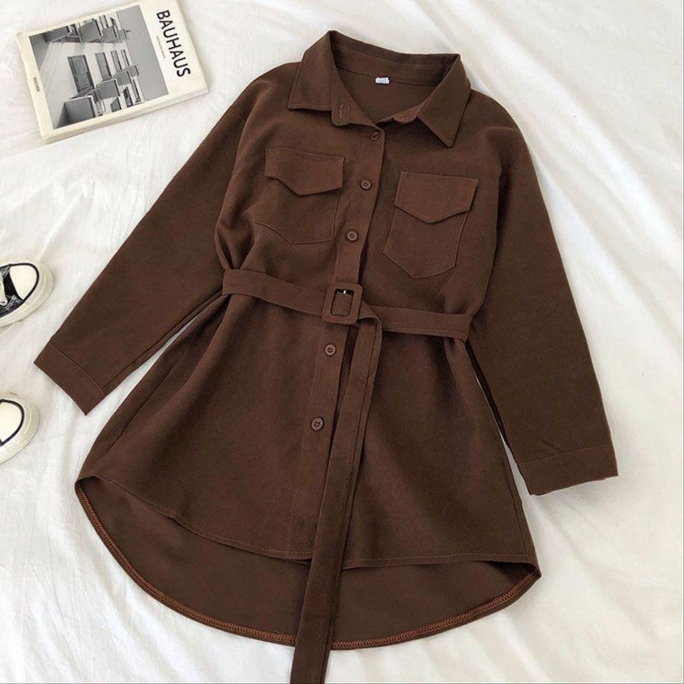 Women's Corduroy Belted Single-Breasted Shirt Dress - Chic Korean Style, Loose Mid-Length for Spring/Autumn 2025