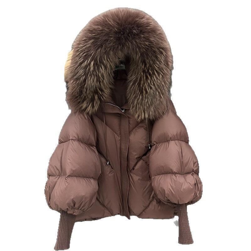 European station new white duck down big fur collar down jacket women's loose big version raccoon hair thickened hooded knitted sleeves