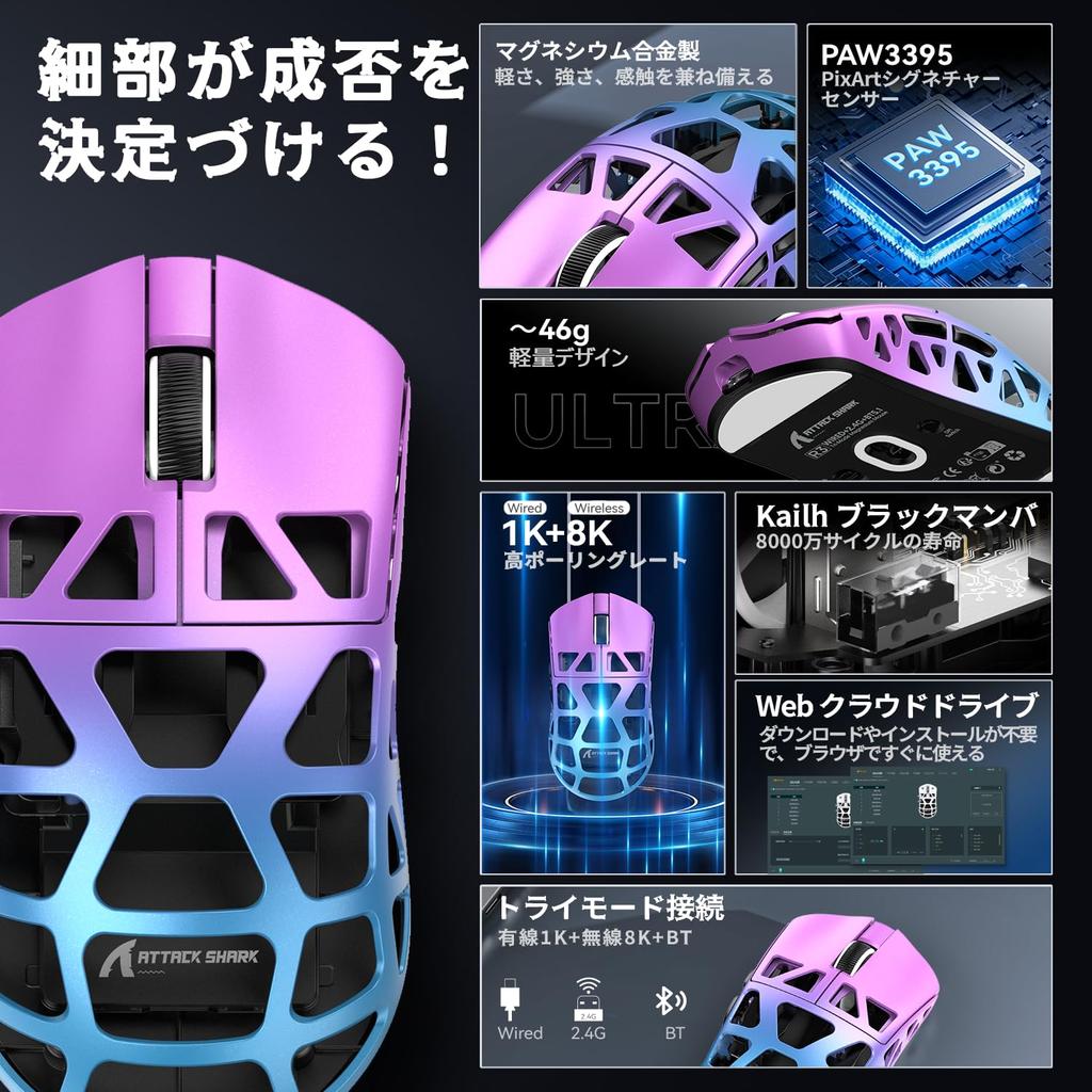 ATTACK SHARK R3 Gaming Magnesium Alloy Gaming Wireless 8000Hz PAW3395 26000 Fast Ergonomic Design Standards Conformity Certificate Mouse, Edition,