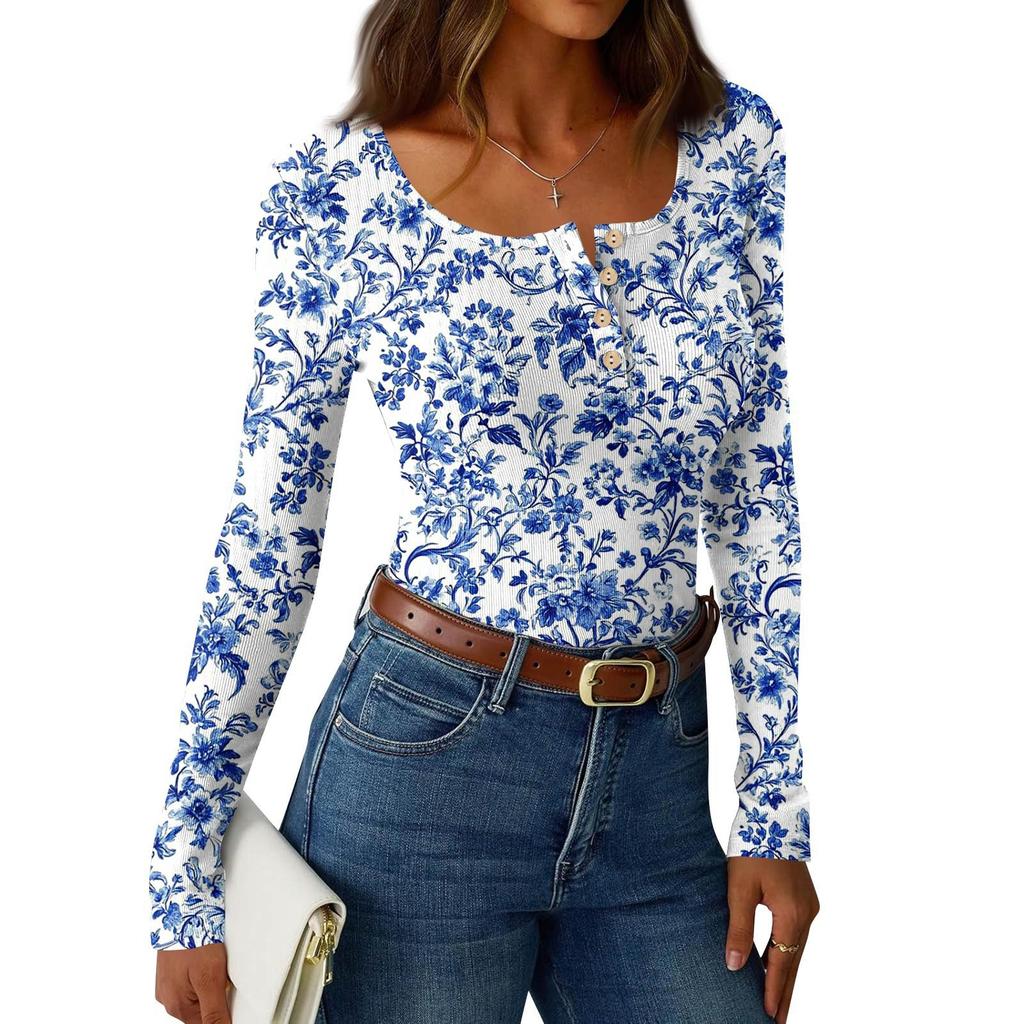 Camiseta de Fondo Delgado para Mujer Moda Casual Estampado Degradado Cuello Redondo Jersey Manga Larga Top