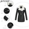 BITCED Autumn/Winter Long-Sleeved Fleece-Lined Leather Jacket for Women with Lapel Collar, Double-Ended Zip and Belted Waist for Warmth