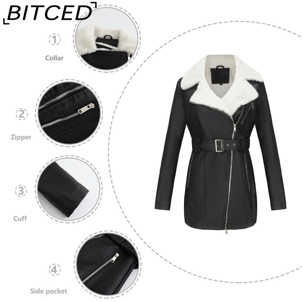 BITCED Autumn/Winter Long-Sleeved Fleece-Lined Leather Jacket for Women with Lapel Collar, Double-Ended Zip and Belted Waist for Warmth