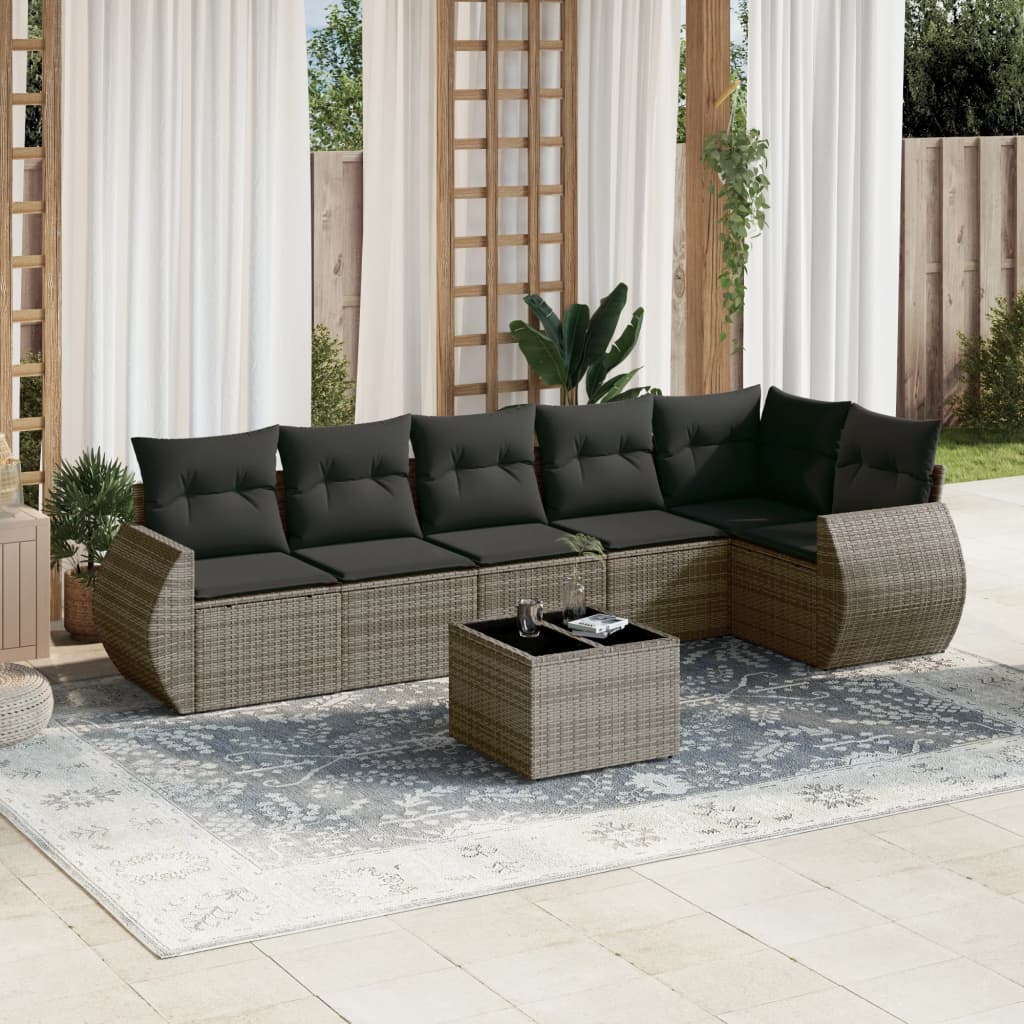 7 Piece Garden Sofa Set with Cushions Gray Poly Rattan