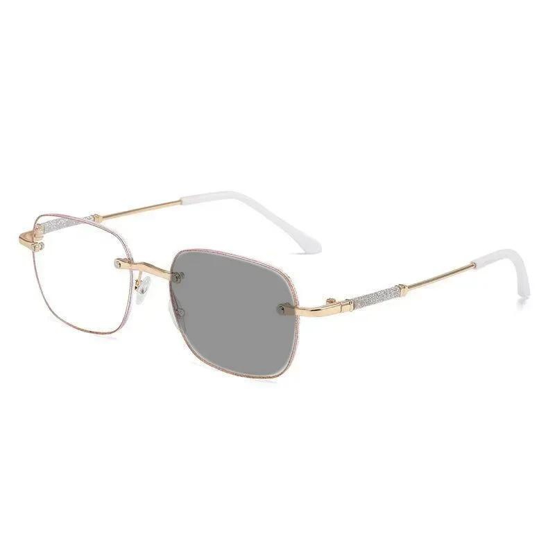 Unisex Luxury Pochromic Reading Glasses Fashion Rimless Color Changing Eyewear for Men Women Outdoor Anti-UV Presbyopia