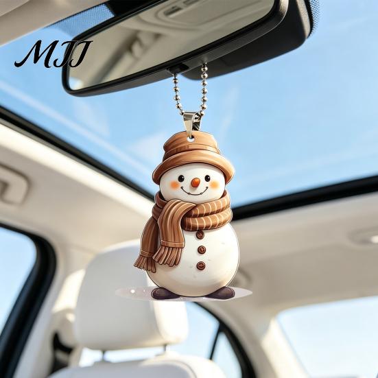 Hand Painted Snowman Keepsake Cute Acrylic Pendant, 2D Flat Car Rearview Mirror Hanging Holiday Pendant Decoration with Keychain Ring, Christmas Tree