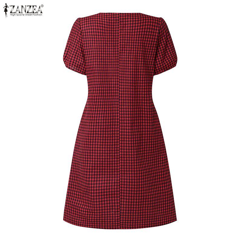 ZANZEA Women Casual Square Collar Summer Short Sleeve Grid Print Dress