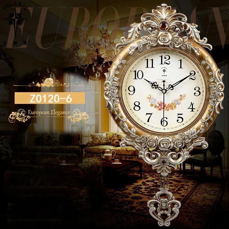 European-style Living Room Decoration Mute Large Wall Clock Wall Sticker Home Decor Bedroom Flower Carving Retro Swing CloI9K3F4