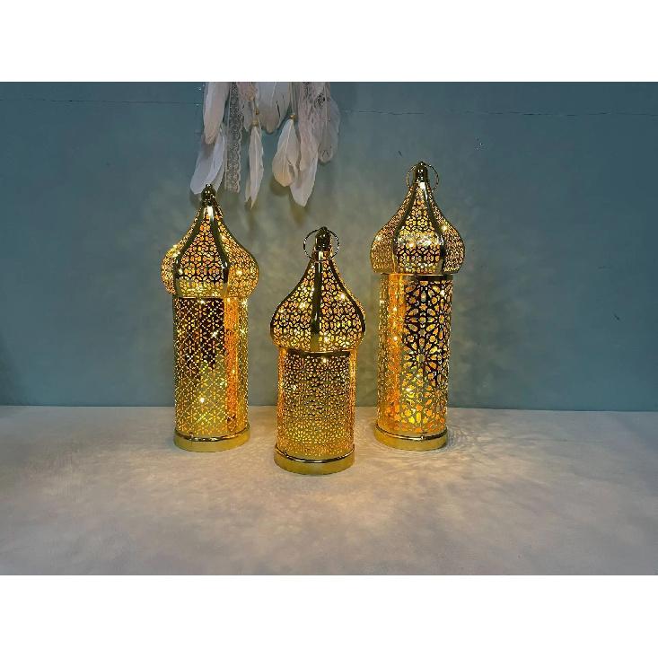 Golden Moroccan Lantern, Hollow Iron LED Light for Home Decor, Ramadan Eid Wedding, Indoor Outdoor Hanging Pendant Lamp - 1PC