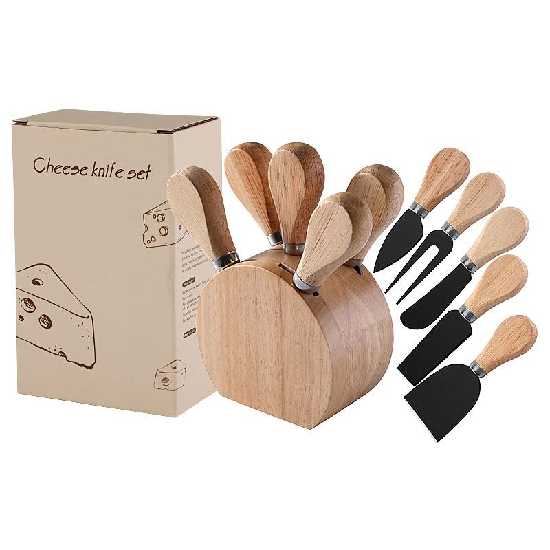 Oak Wood Magnetic Cheese Knife Holder Cheese Knife and Fork Set Stainless Steel Cheese Knife 5-piece Set чёрный
