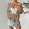 Women's Loose-Fit Knitted Sweater with Butterfly Tie-Up and Hollow-Out Sleeves
