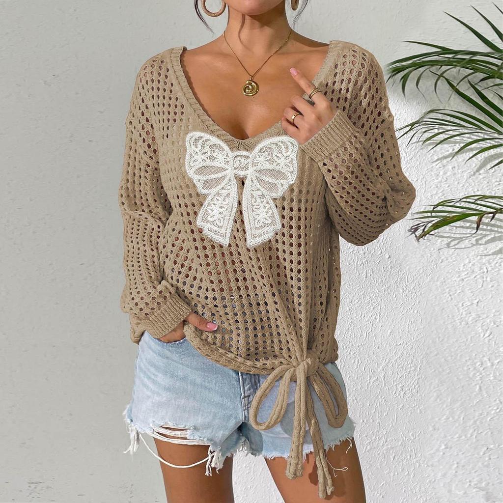 Women's Loose-Fit Knitted Sweater with Butterfly Tie-Up and Hollow-Out Sleeves