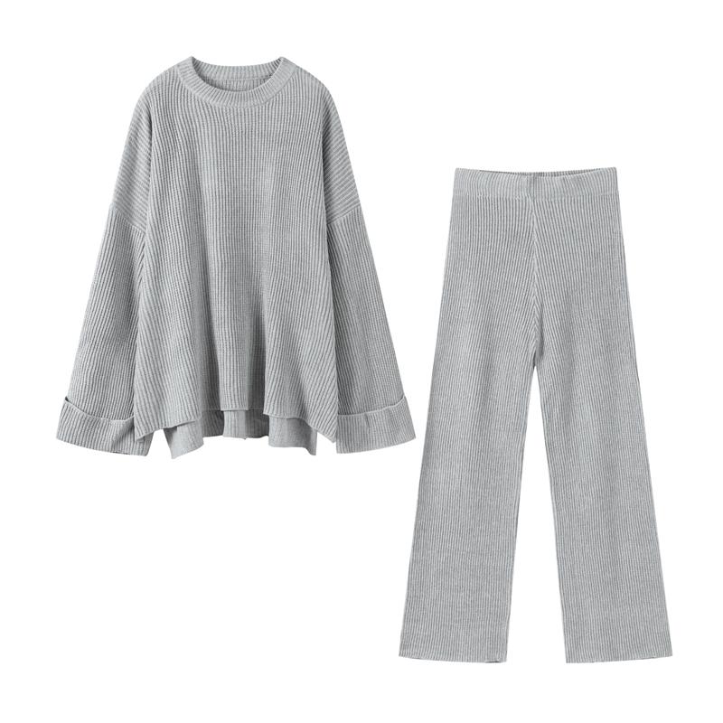 Women Casual Solid Color Knit Sweater Two Piece Set Autumn Winter Thick Round Neck Loose Pullover Wide Leg Pants Matching Sets