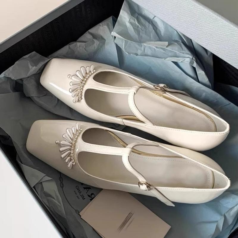 Fashion Elegant String Bead Rhinestone Flat Mary Jane Shoes Women Fashion Square Toe T Strap Brand Designer Shoe Sweet Lolita Dress Shoe