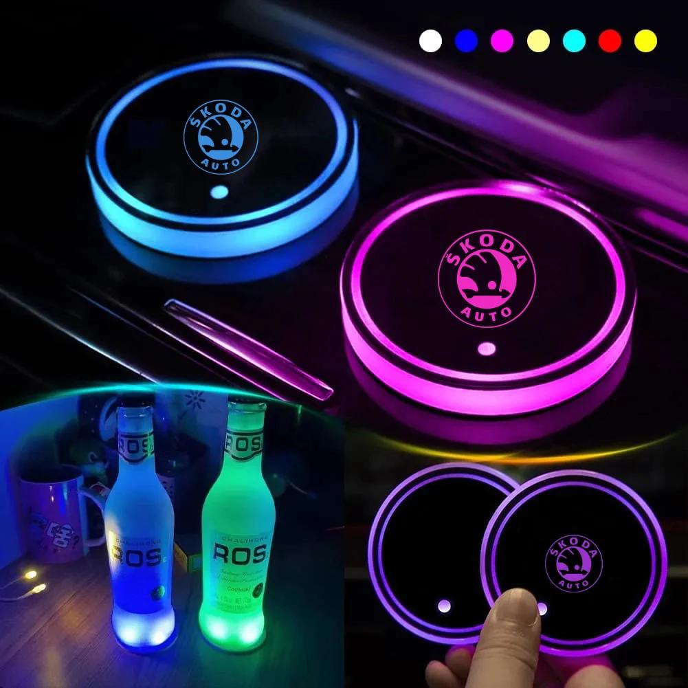 SBNI3 2Pcs Car Logo 7Colors Water Cup Coaster Holder Color Atmosphere light For Skoda Octavia 3 2 Rapid Superb Fabia Kodiaq Karoq