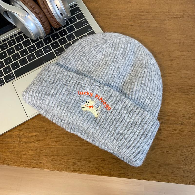 Cute Puppy Embroidered Knitted Wool Hat Children Autumn and Winter Versatile Big Head Circumference Showing Small Face Warm Bag Head Cold Hat