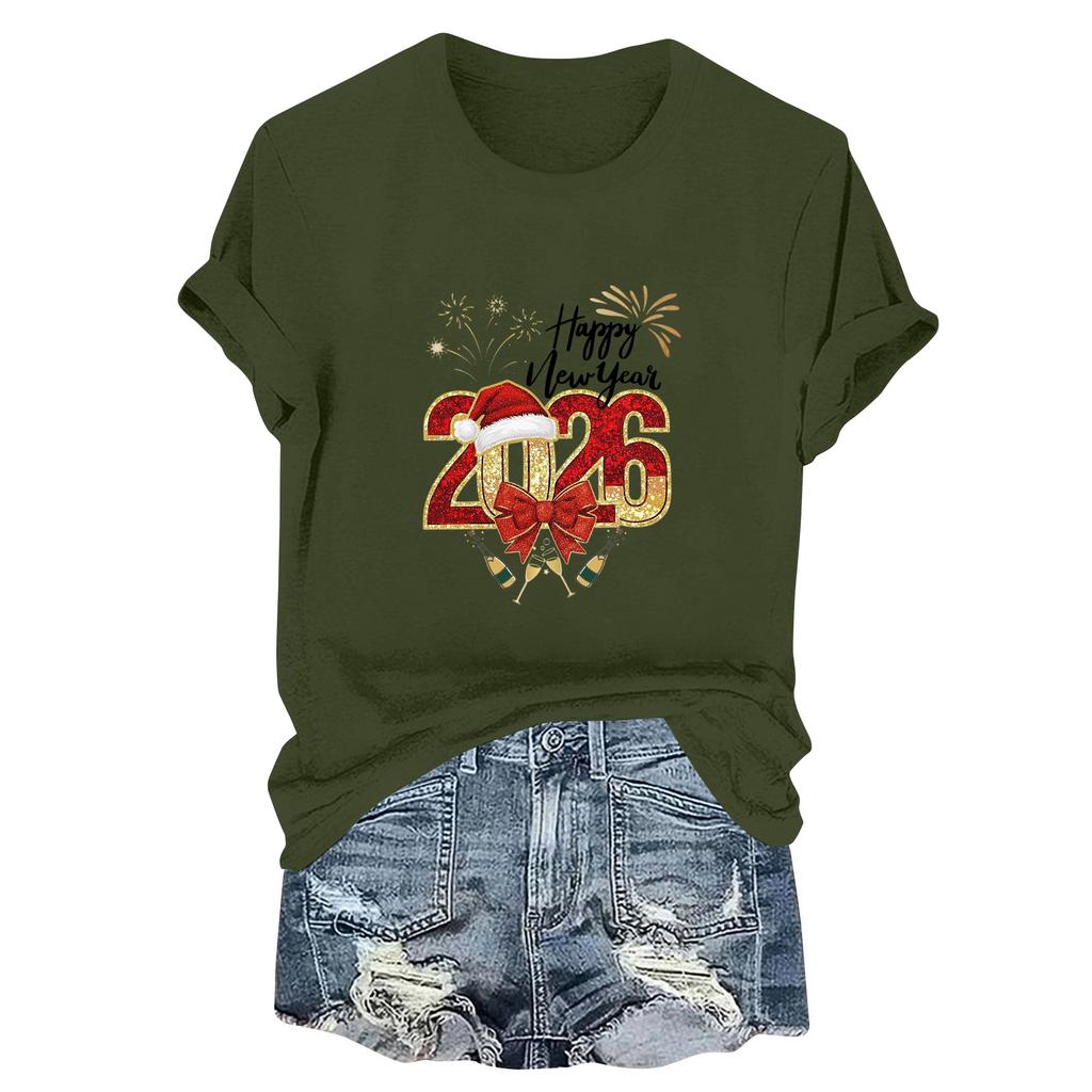 Women's Fashion 2026 New Year Printed Round Neck Short Sleeve Top