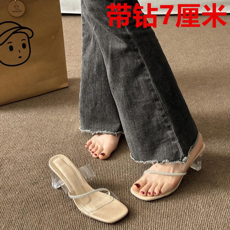 High heels women's outer wear 2025 summer new fashion round head thick heel Internet celebrity crystal slippers women's sandals women