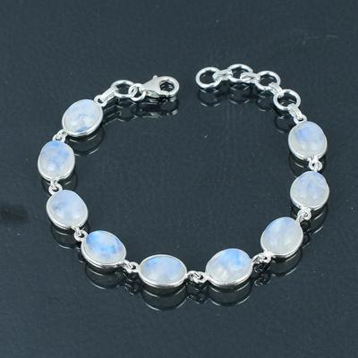 Natürliches Regenbogen-Mondstein-Edelstein-Armband, 925er Sterlingsilber, handgefertigtes Silberarmband, Schmuckgeschenk zum Valentinstag