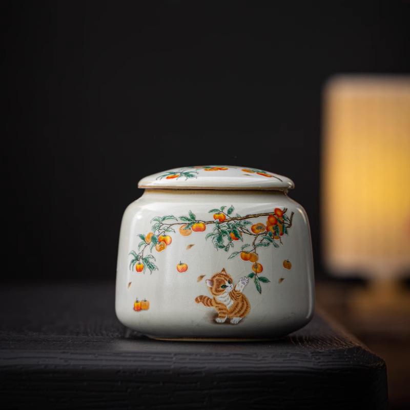 

Small Ceramic Cat Ru Kiln Tea Can Longjing Oolong Tea Packaging Sealed Container