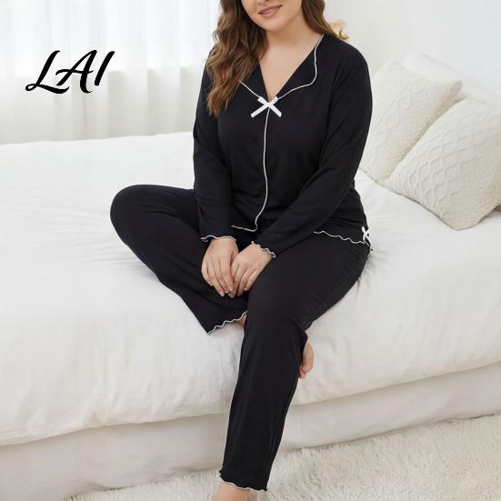Breathable House Clothes for Ladies Women's Plus Size Pajama Set Long Sleeve Top And Pants Cozy Loungewear Women with Bow Ruffle 2 Piece Soft