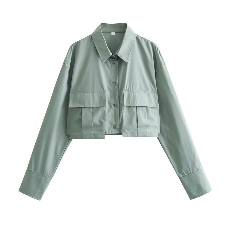 

Fashion Style 2024 Spring New Arrival Women s Easiest for Match Stylish Lapel Loose-Fitting Cropped Short Pocket Decorative Shirt Green L