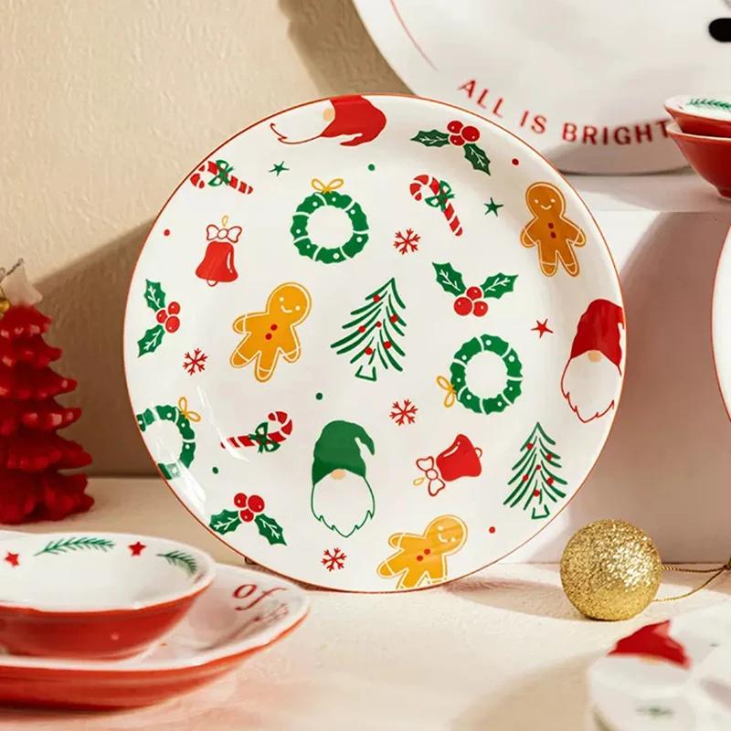 Ceramic Christmas Tableware Set with Handle, Soup Plate, Dinner Utensil, French Letter Cup, Steak Tray, Salad Bowl, Household