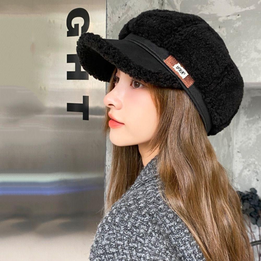 Harajuku Winter Painter Hat Thickened Plush Octagonal Cap Personality Lamb Fleece Peaked Cap  Girl