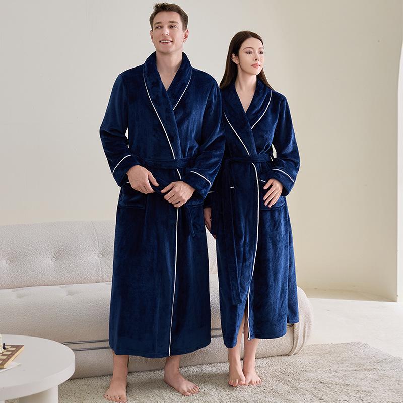 In Stock Flannel Couple's Bathrobe - Unisex Hotel B&B Long Bathrobe