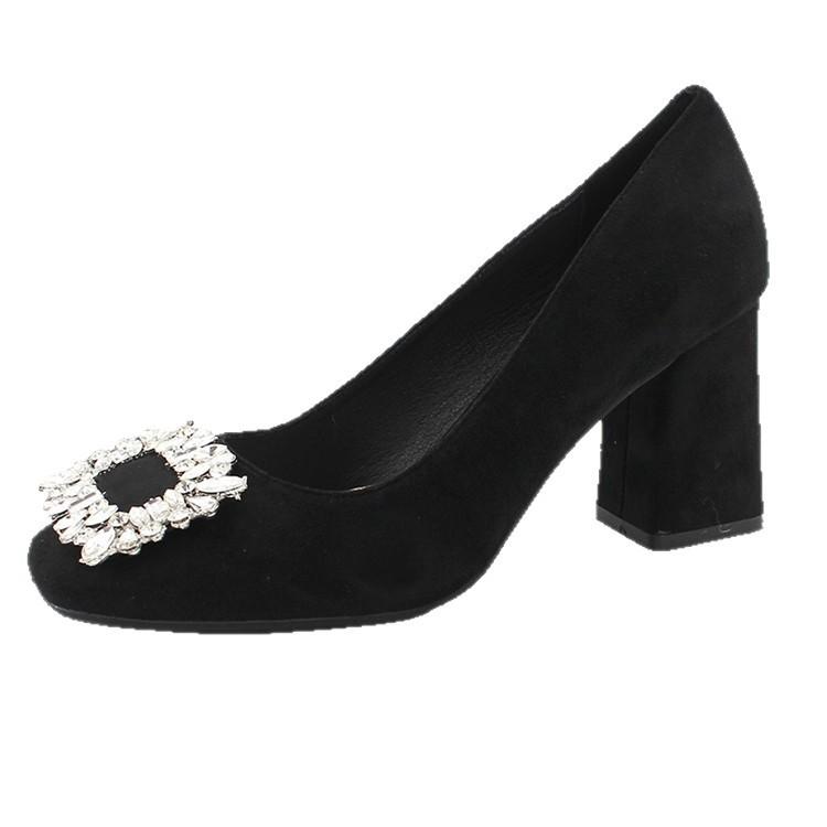 French Rhinestone Square Head Thick Heel Single Shoes Women's 2025 Spring and Autumn New Fashion Versatile Soft Leather Shallow Mouth Temperament Mid