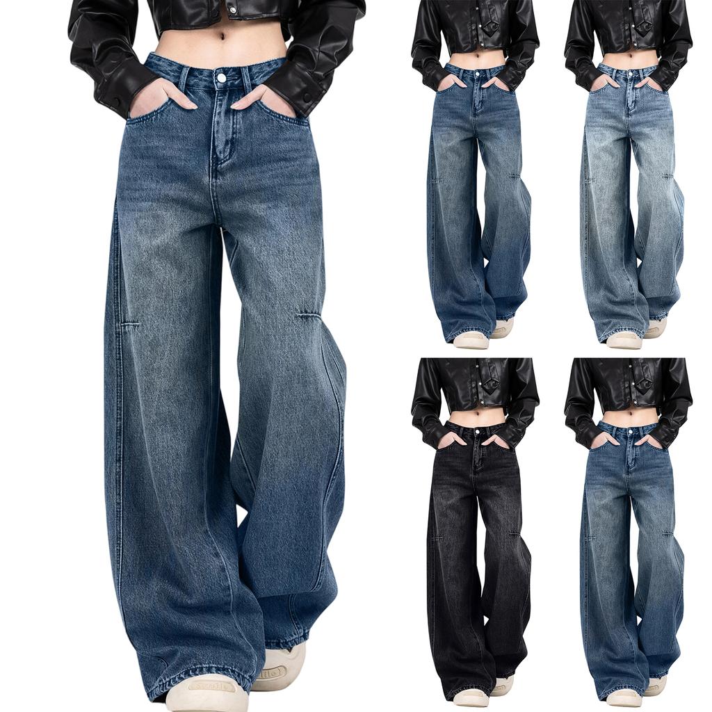 Women's Mid-Rise Stretch Jeans Fashion Straight Leg Denim Pants With Pockets