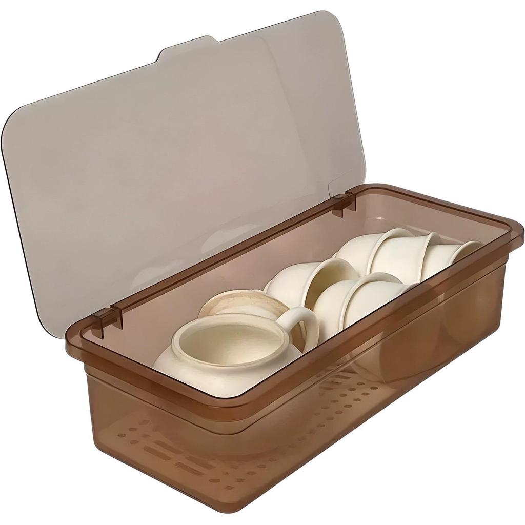 Staubdichte transparente Küchenaufbewahrungsbox mit Deckel: Teeservice, Geschirr, Schale und Stäbchenhalter mit Abtropfgestell.