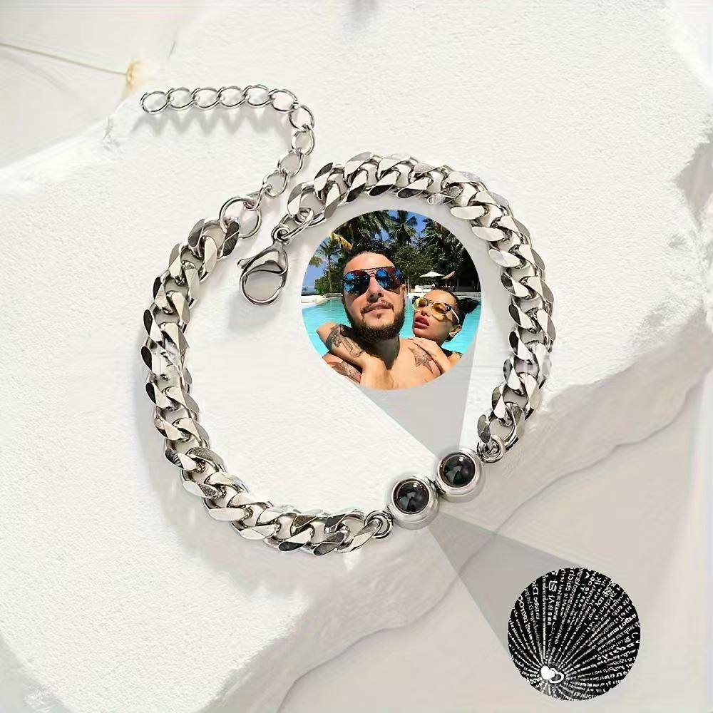 Custom 100 Languages 'I Love You' Projection Bracelet - Stainless Steel Cuban Chain Bangle for Men & Women