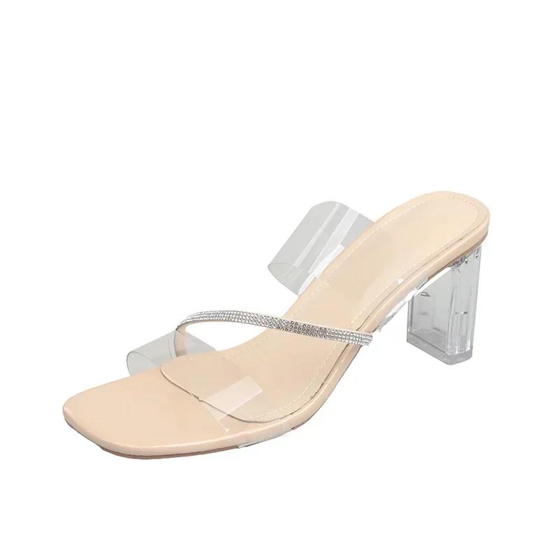 

Прозрачные босоножки на высоком каблуке Женские летние хрустальные туфли Квадратный носок Толстый каблук Босоножки Женская верхняя одежда 2025 Новые модные 42