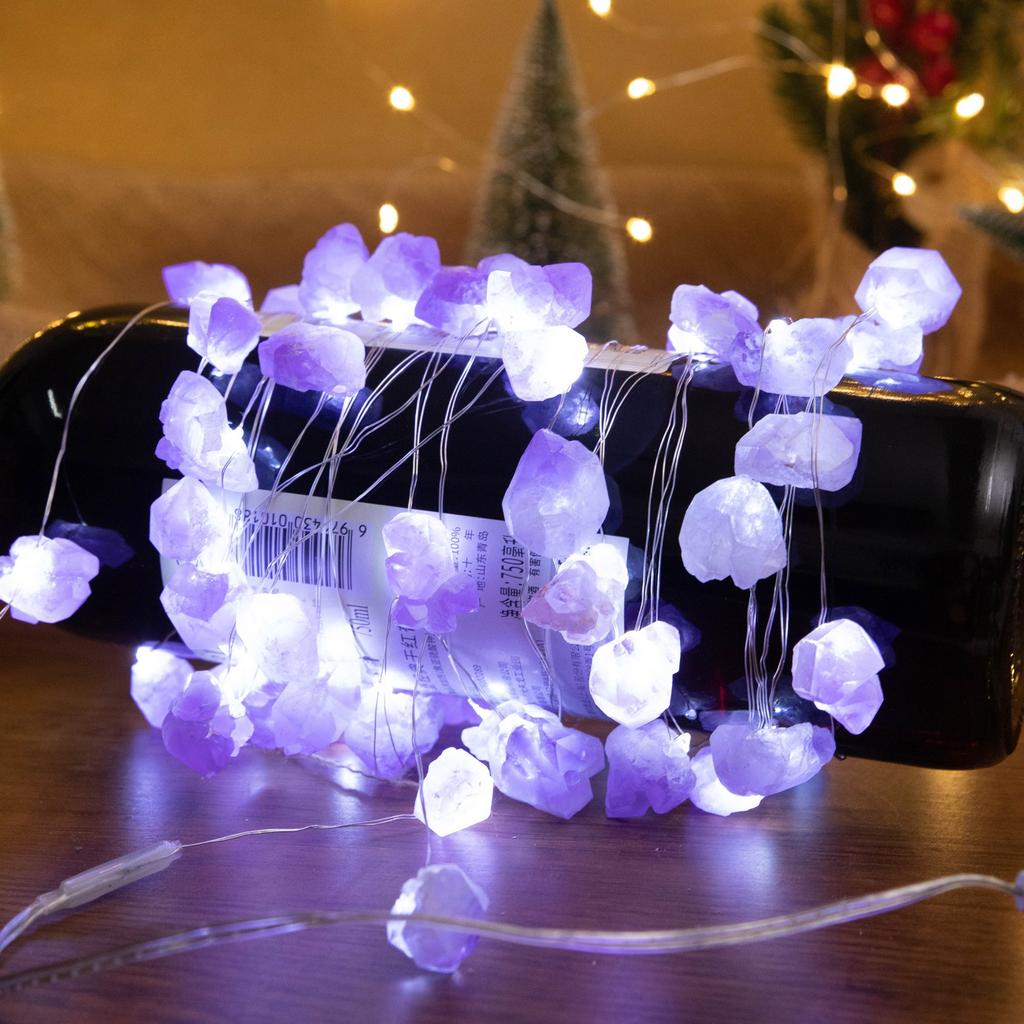 Natural Amethyst Decorative Lights Crystal String Lights Raws Stones 30 LEDs With Remote Control, Hanging Reikis Ornaments