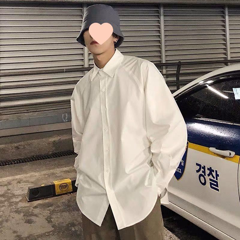 Hong Kong Style Men's Loose Solid Color Long Sleeve Casual Shirt, Plus Size, White, Spring/Autumn