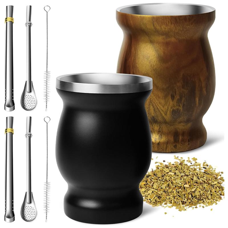 Stainless Steel Yerba Mate Cup Set Double-Wall Mate Cup with 2 Bombillas Yerba Mate Gourd Set With Straw and Cleaning Brush