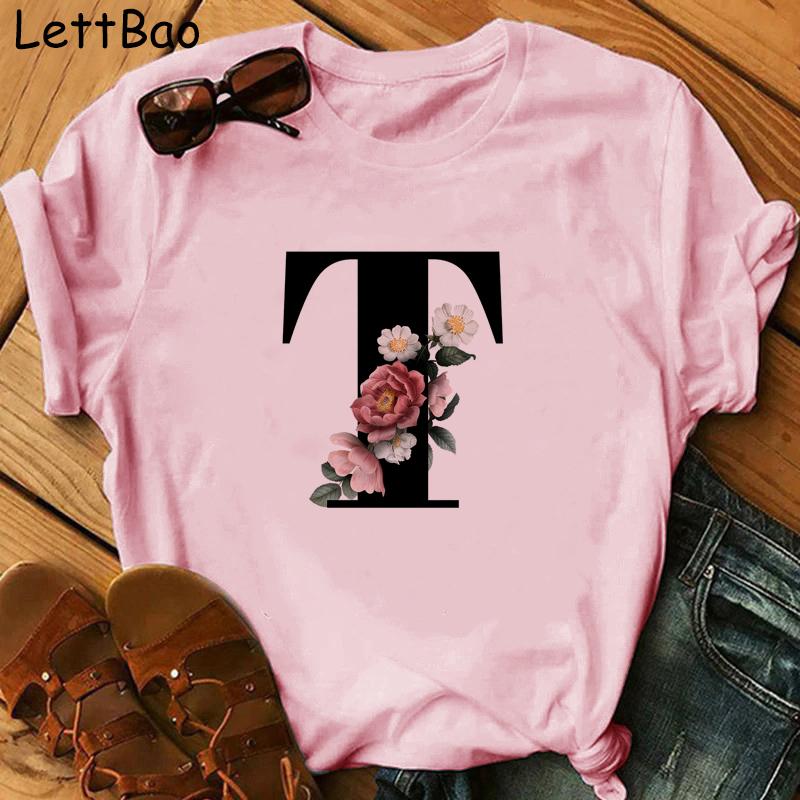 Elegant Vouge Flower Letter Print Women T Sihrt Fashion Comfortable Casaul T Shirt For Women Female