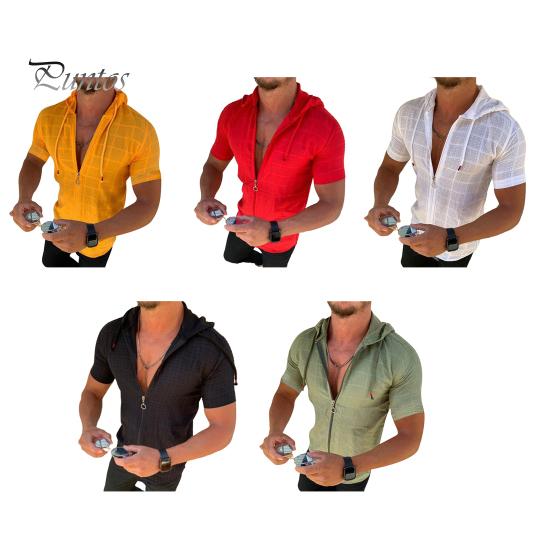 Herren Kapuzen T-Shirt Kurzarm Kariert Zip Up Tee Shirt Lässig Dünn Sommer Top für Sport Freizeit Outdoor Strand