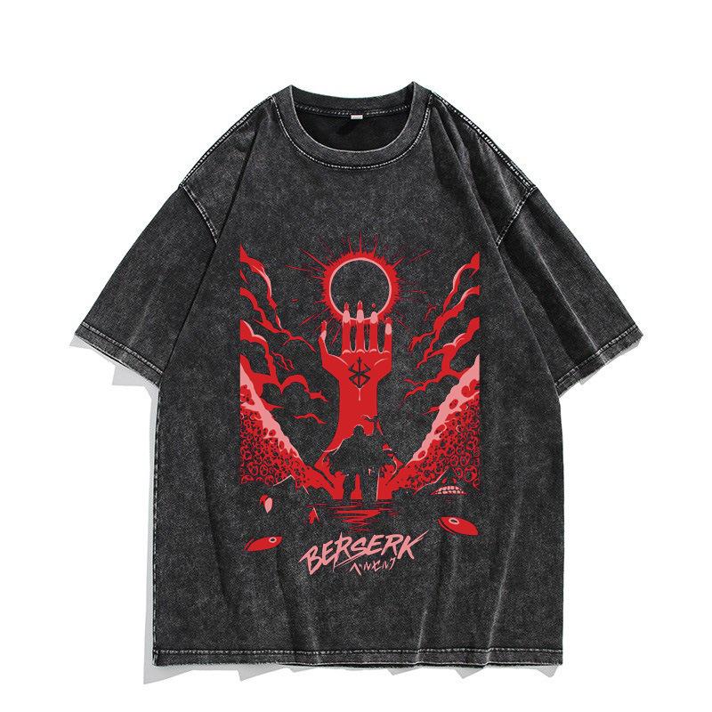 Retro Vyprané Pánské Tričko s Krátkým Rukávem Berserk Anime Bojovník