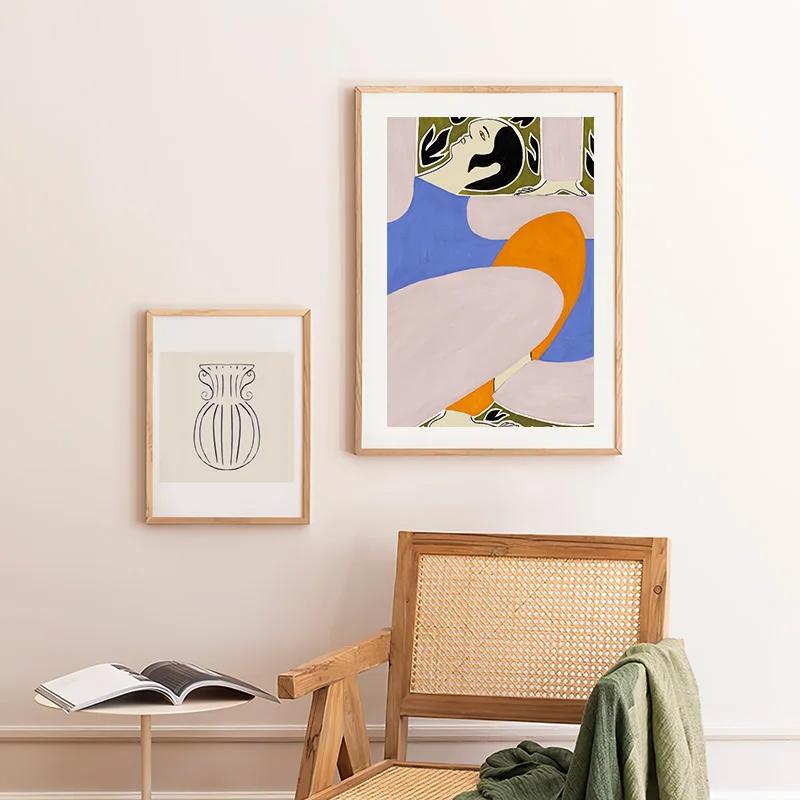 Abstraction-Woman Line Face Flower Leaves Canvas Painting, Color Block Wall Art, Posters and Prints, Pictures for Living Room De