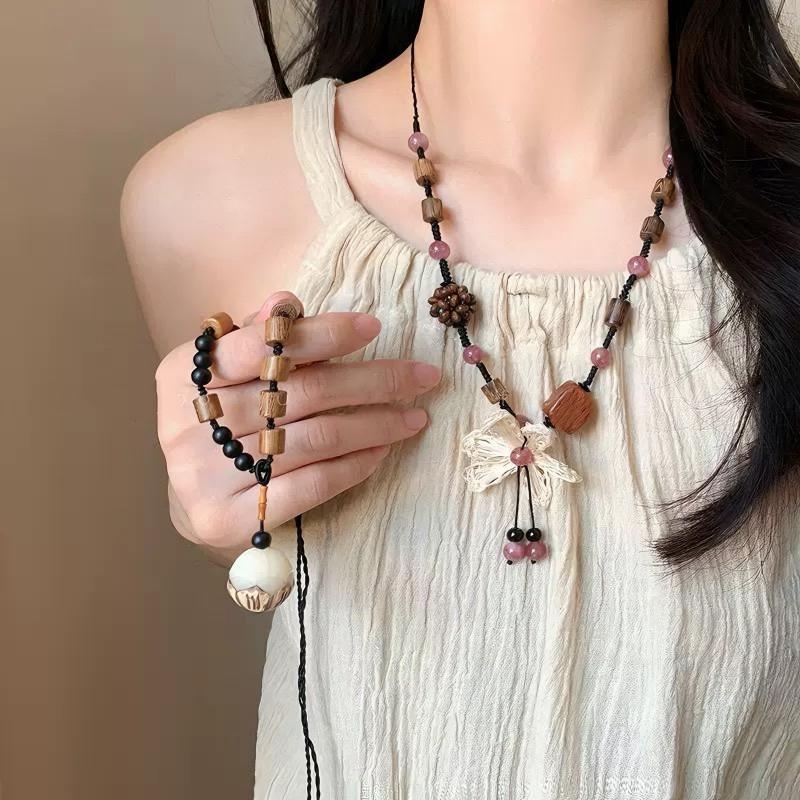 Handmade Wooden Flower Beaded Necklace Women Boho Chic Long Pendant Chain New Chinese Style Floral Statement Jewelry