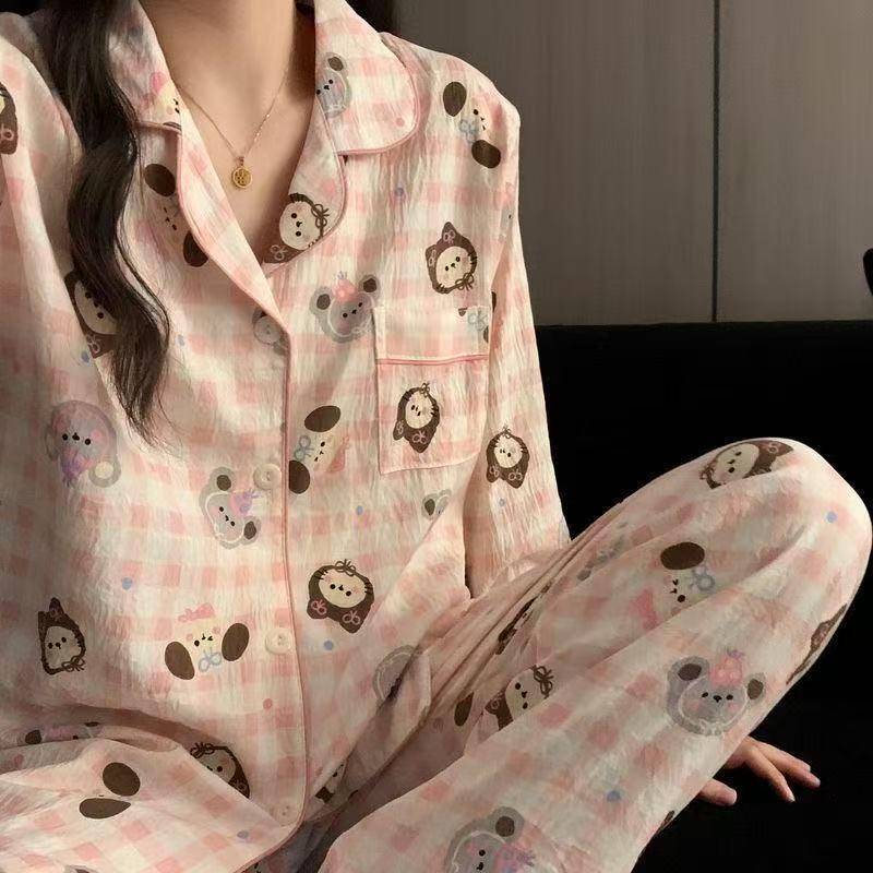 Cloud Cotton Women's Autumn Pajama Set: Long Sleeve, Long Pants, Cute & Casual Homewear, Wearable Outdoors