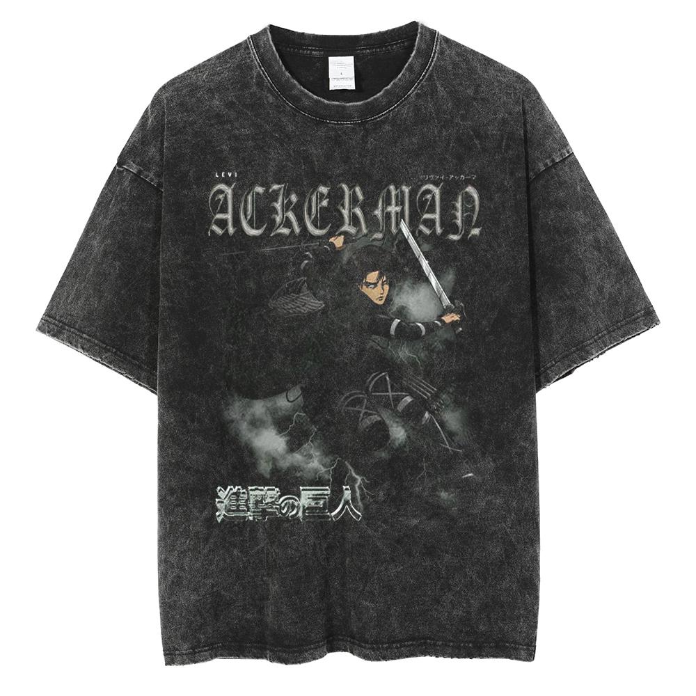 Eren Jager Attack on Titan Summer Streetwear Washed T-Shirt Anime Graphic Print TShirt Men Harajuku Cotton Oversize Vintage Tee