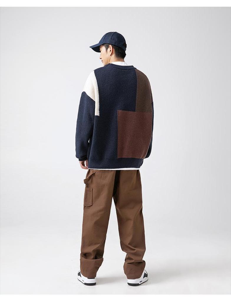 Unisex Color Block Striped Sweater, Autumn/Winter, Japanese Style, Loose Fit, Thick Knit