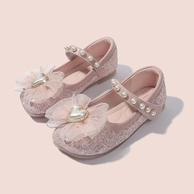 Sweet Kids Leather Shoe Spring Autumn Princess Shoes for Girls Glitter Elegant Children Party Wedding Dress Flats Single Shoes