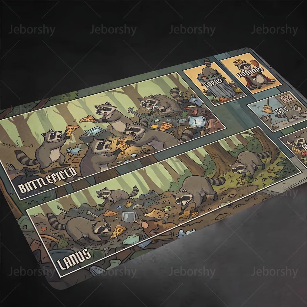 Humorous Raccoon Themed Gaming Mat Nonslip Rubber Backing and Stitched Edges Perfect for Tabletop Gaming 300x800x2mm