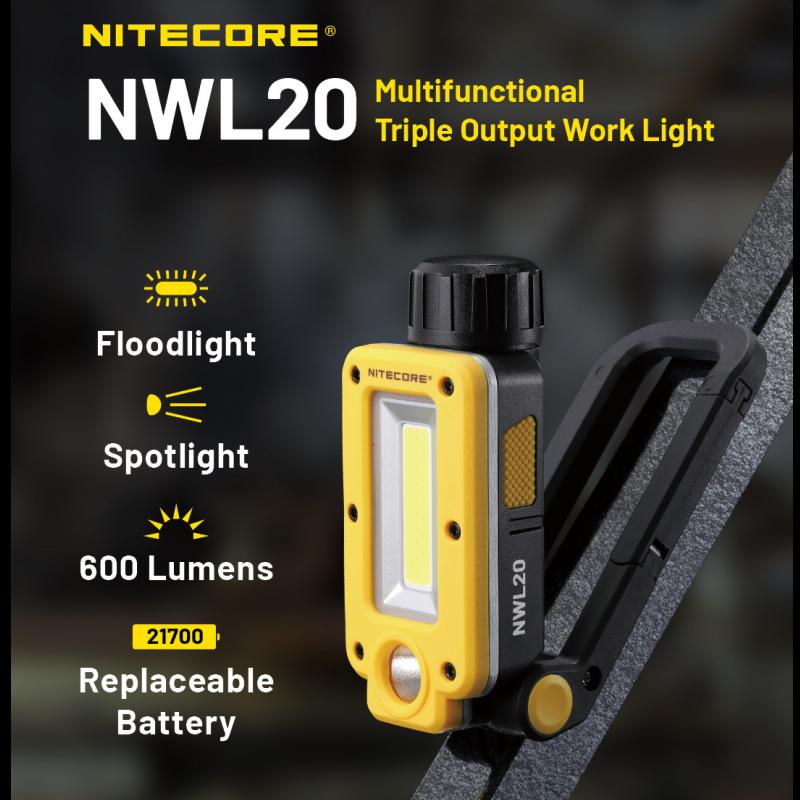 NITECORE NWL20 Multifunctional Tool Flood Spot Light Triple Output 600 Lumens USB-C Rechargeable Work light with 5000mAh Battery