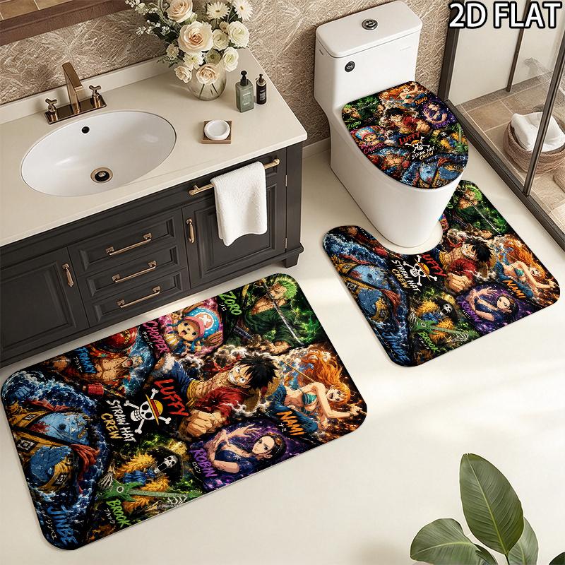 Luffy Anime Pattern 3Pcs Bathroom Rug Set, Non Slip Absorbent Bath Mat, Contour Mat & Toilet Lid Cover, Bathroom Decor