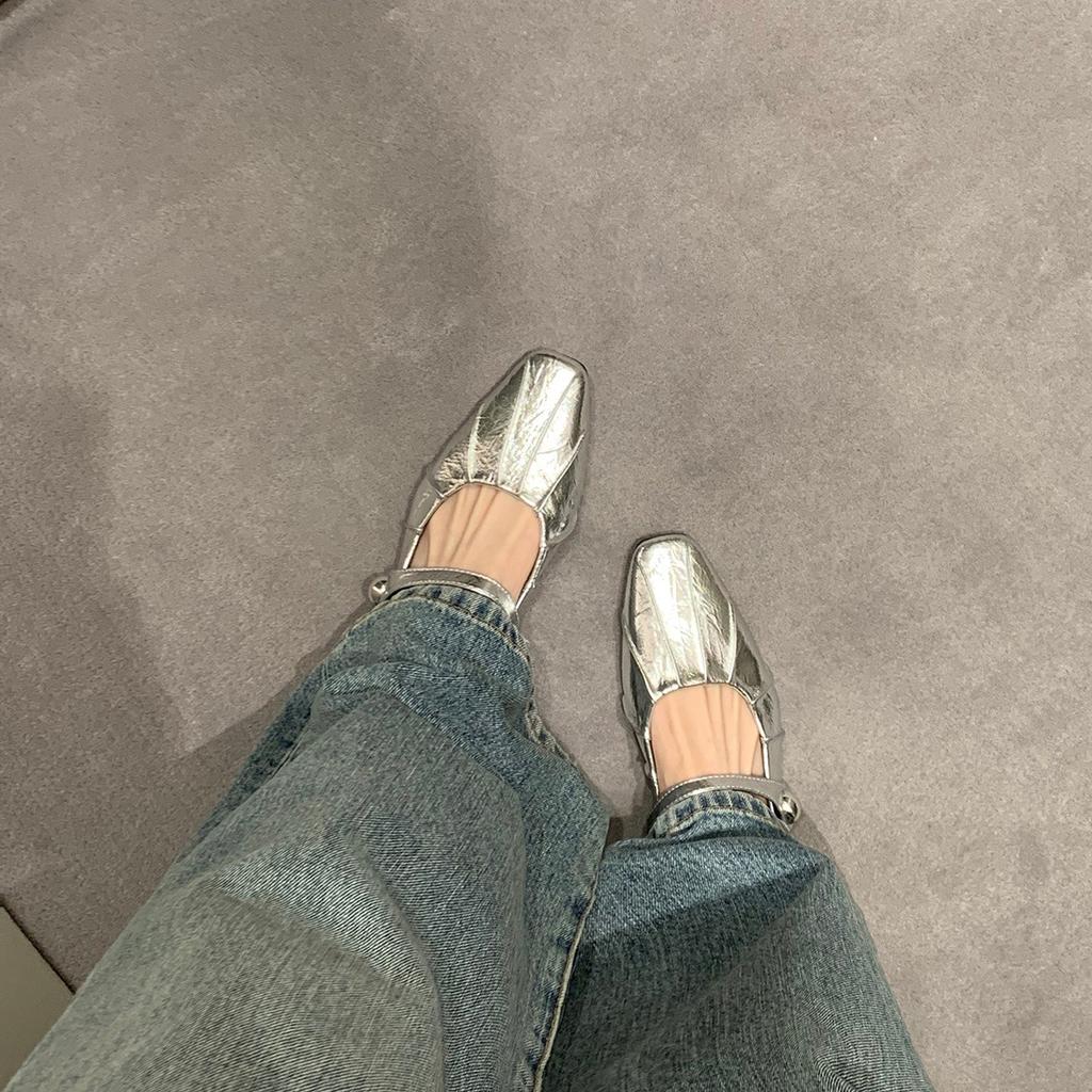 Sheepskin version~ genuine leather French gentle inner height increase silver light mouth single shoes women's one-word buckle Mary Jane shoes s